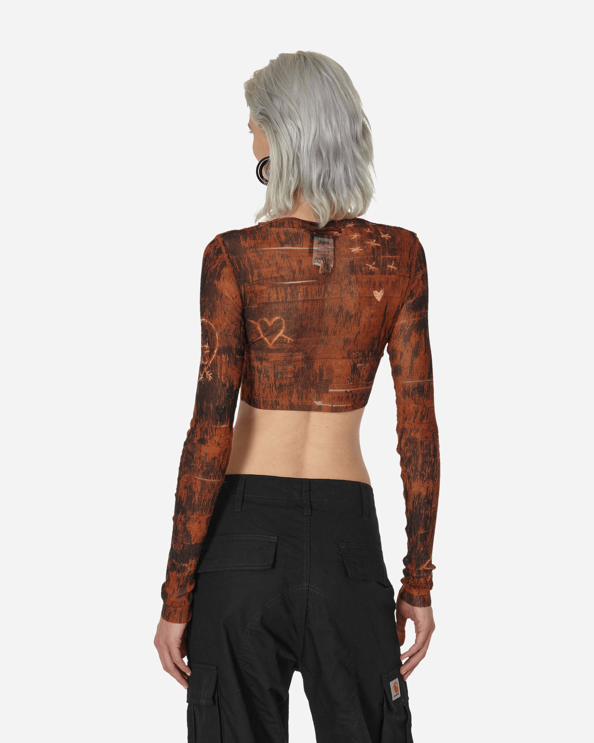 Jean Paul Gaultier Wmns Knwls Cropped Top Boat Neck Long Sleeves Printed Scratch Wood Brown/Ecru T-Shirts Longsleeve 2314-F-TO094-T534 6003