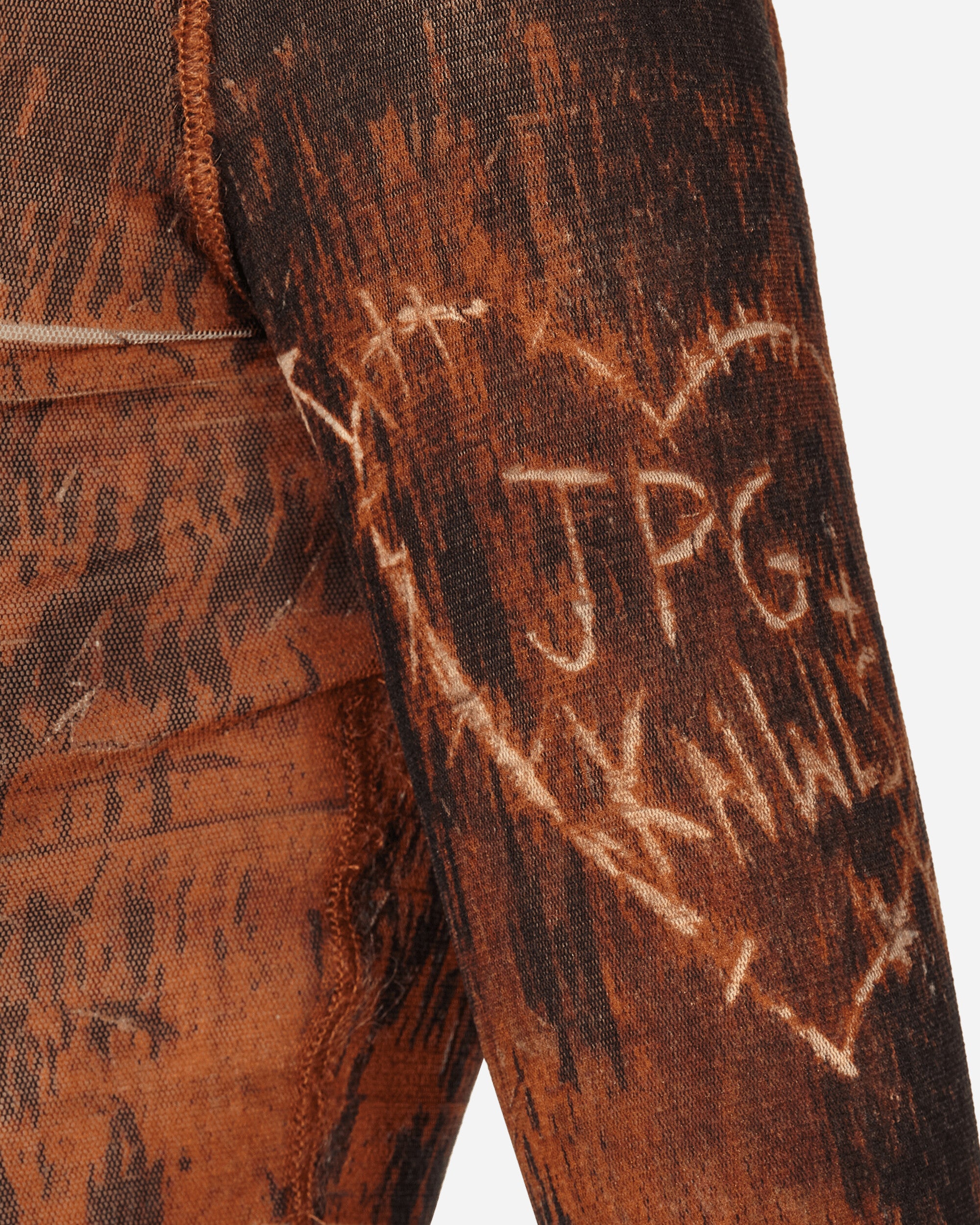 Jean Paul Gaultier Wmns Knwls Cropped Top Boat Neck Long Sleeves Printed Scratch Wood Brown/Ecru T-Shirts Longsleeve 2314-F-TO094-T534 6003