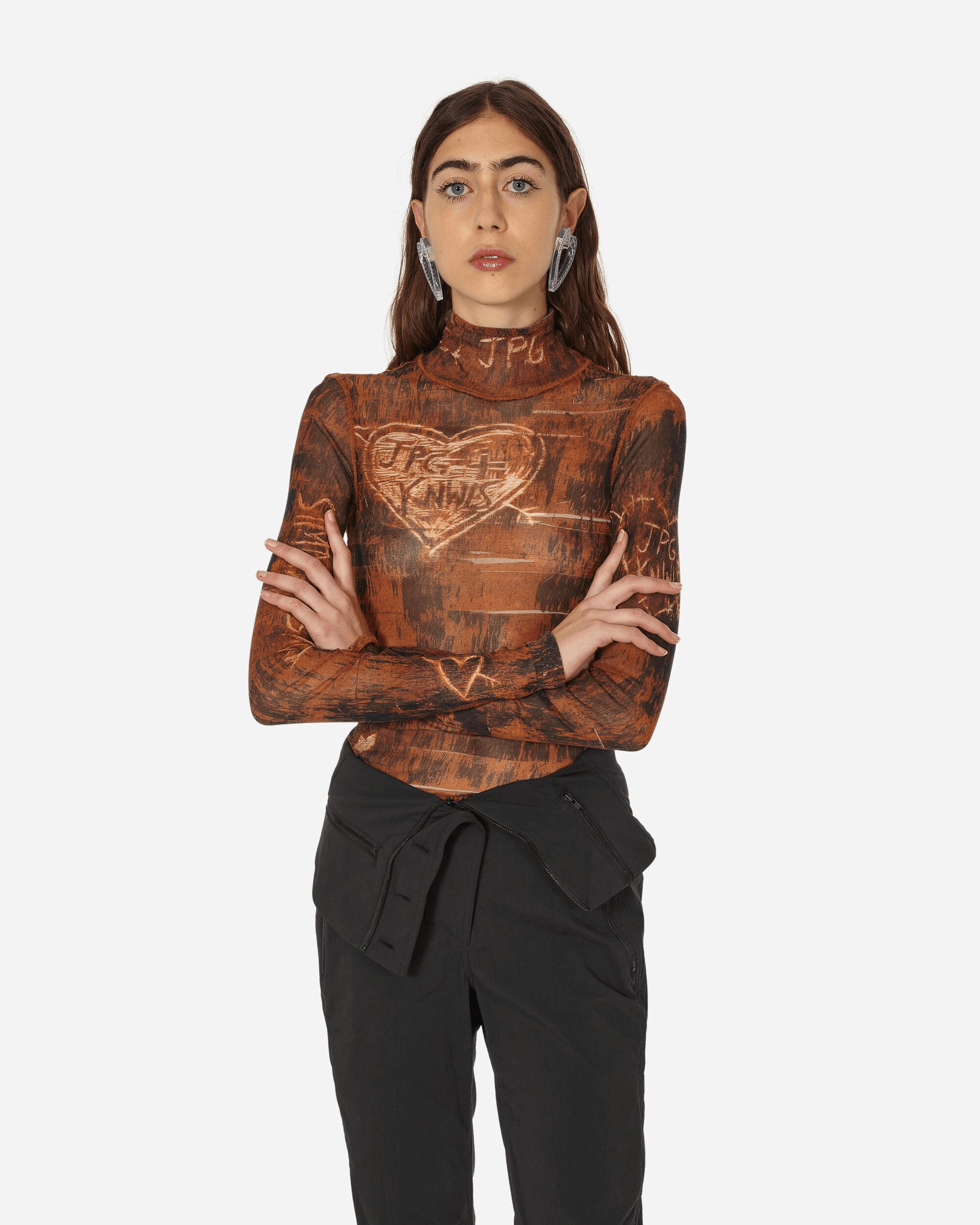 Jean Paul Gaultier Wmns Knwls High Neck Long Sleeves Printed Scratch Wood Brown/Ecru T-Shirts Longsleeve 2314-F-TO093-T534 6003