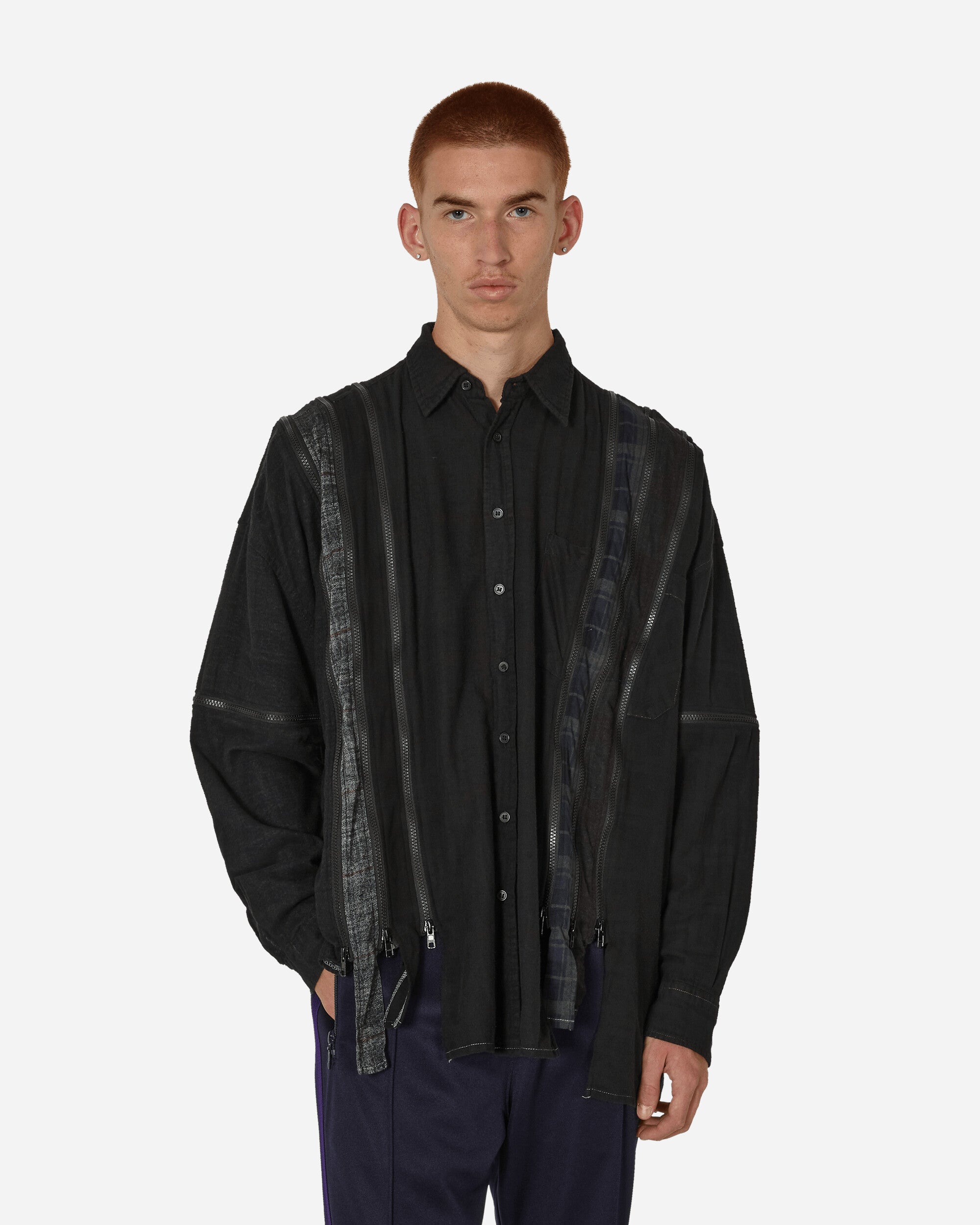 Needles Flannel Shirt -> 7 Cuts Wide Shirt / Over Dye Black Shirts Longsleeve Shirt NS301 E004