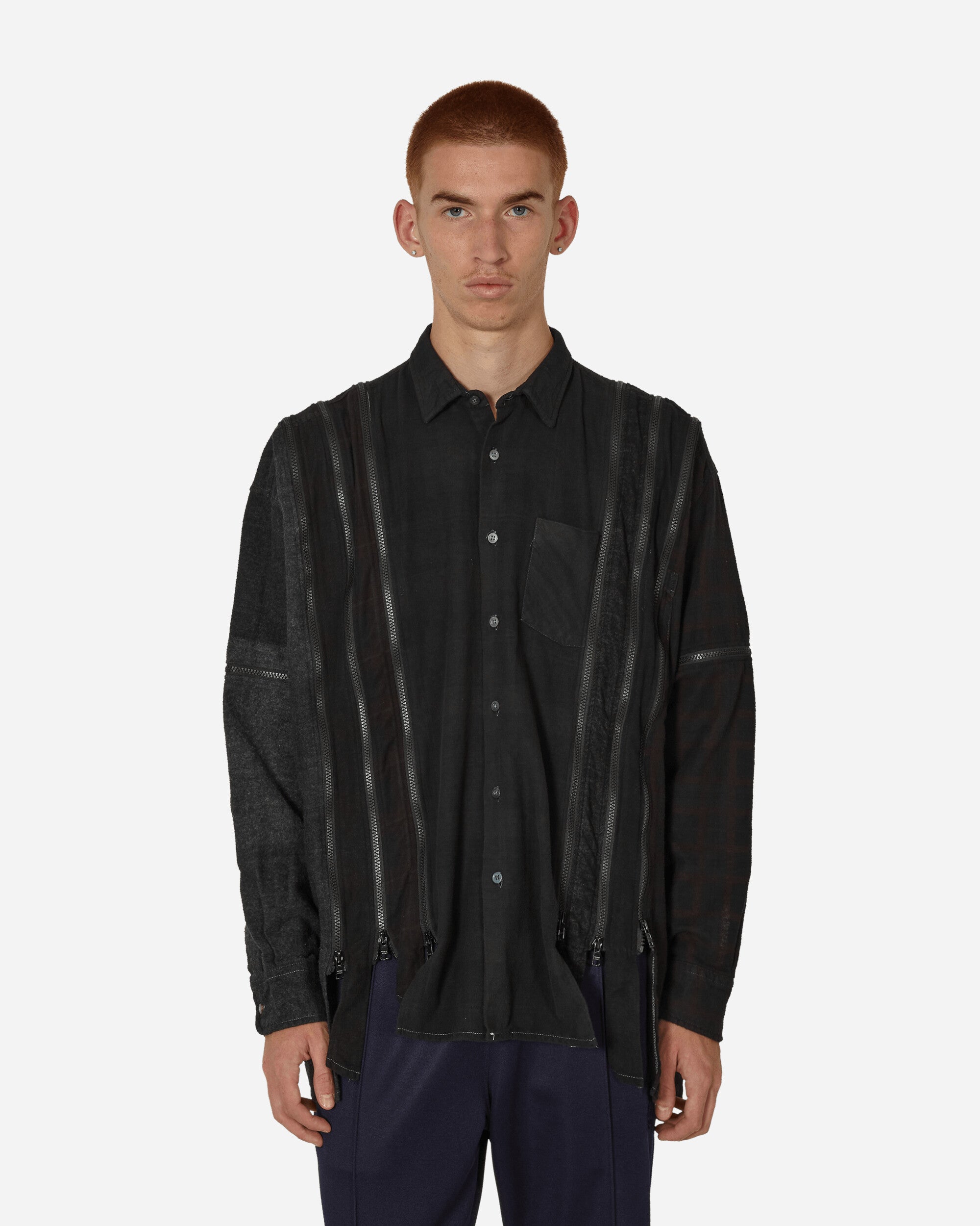 Needles Flannel Shirt -> 7 Cuts Wide Shirt / Over Dye Black Shirts Longsleeve Shirt NS301 E010