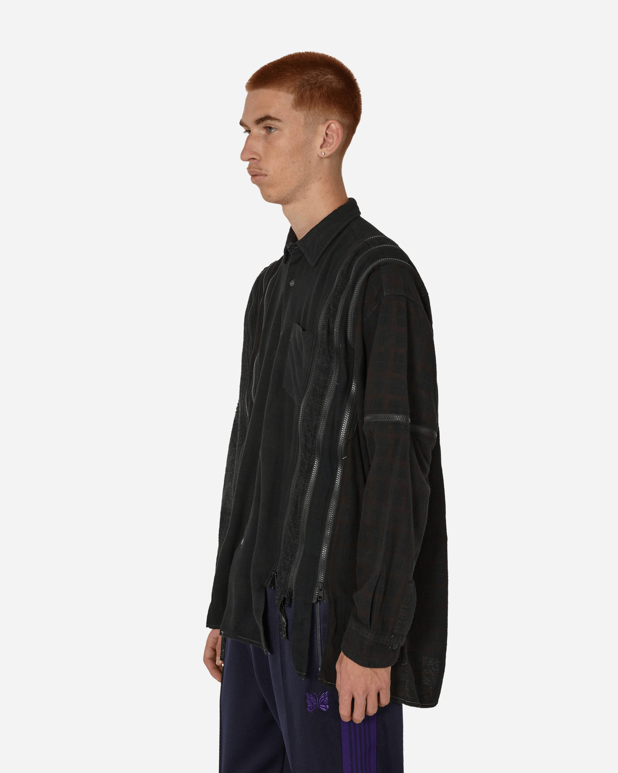 Needles Flannel Shirt -> 7 Cuts Wide Shirt / Over Dye Black Shirts Longsleeve Shirt NS301 E010