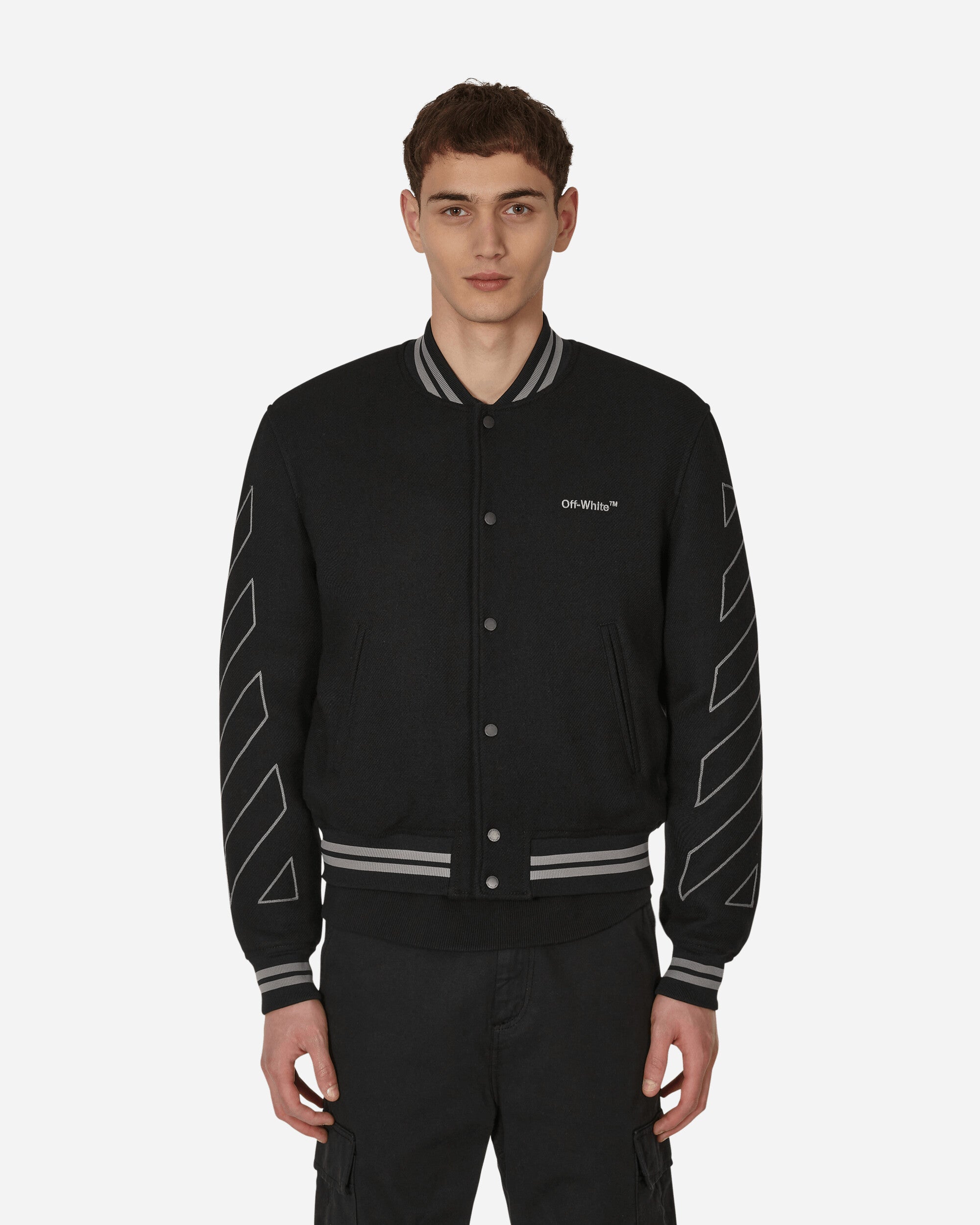 Off-White Diagonal Outline Wool Varsity Jacket Black - M