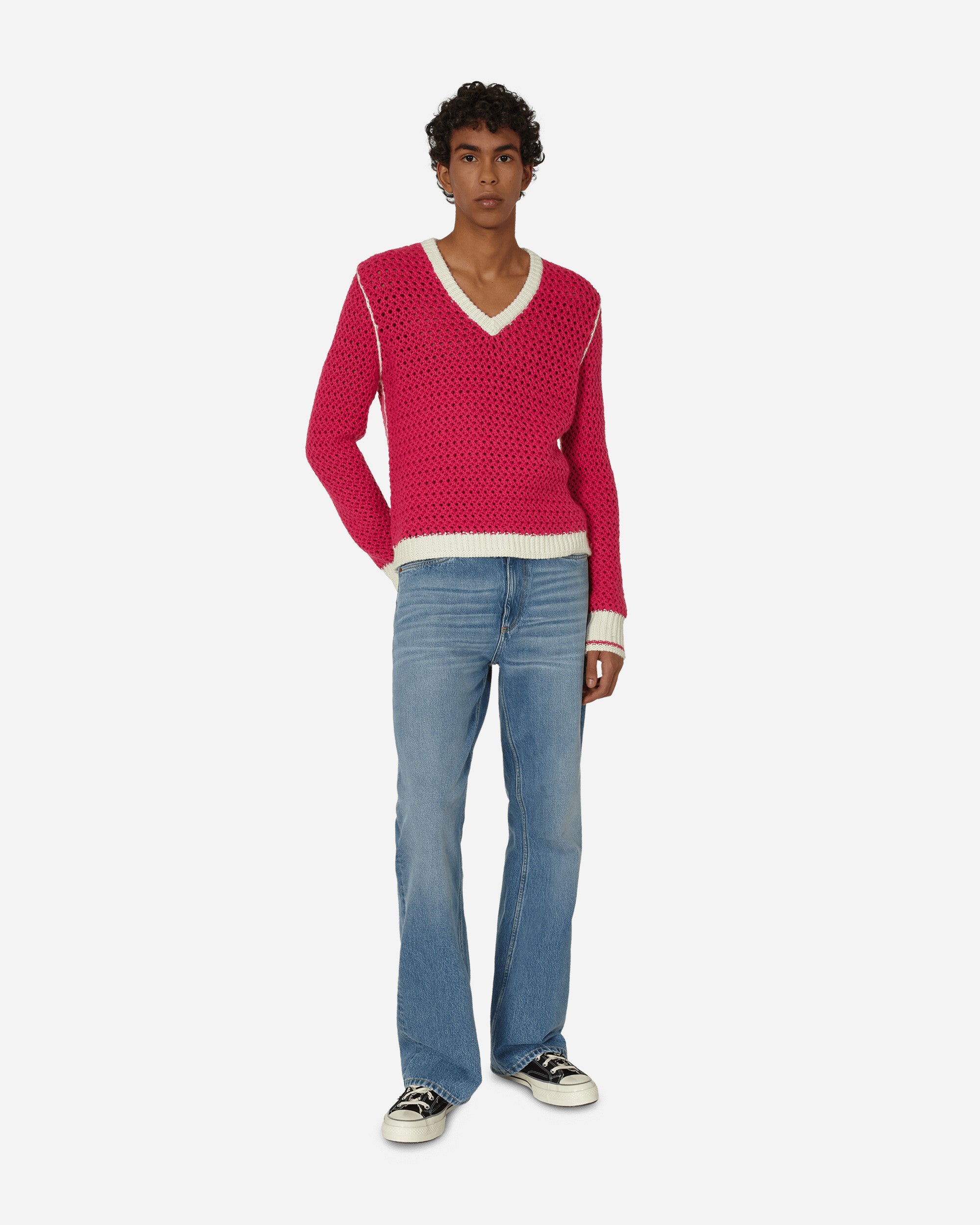 Knitted V-Neck Sweater Fluo Pink